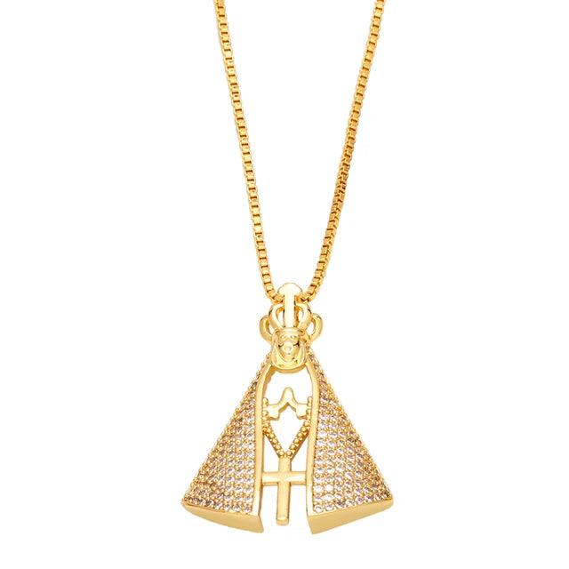 Colar Feminino Nossa Senhora Aparecida Banhado a Ouro 18k + Pedras de Zircônia (Dupla Face) - Buzz Loja